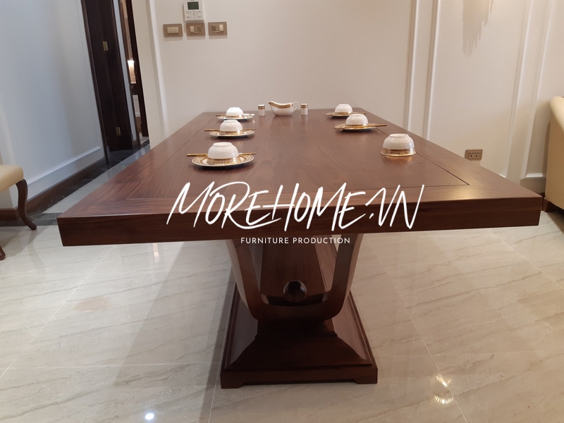 Thi công bàn ăn gỗ tự nhiên hình chữ nhật chân trụ thiết kế đơn giản nhưng sang trọng mang tới không gian phòng ăn thẩm mỹ cao