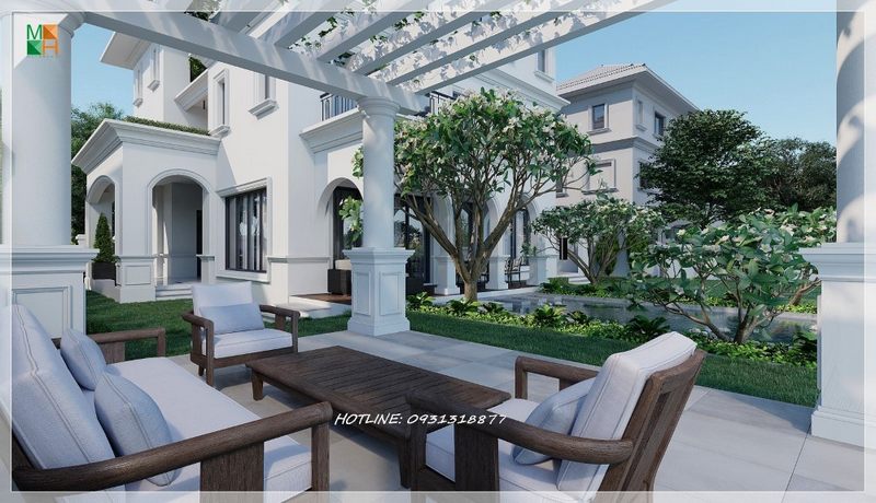 Thiết kế ngoại thất sân vườn không gian sử dụng làm nơi thư giãn nghỉ ngơi cho người thân bạn bè, tận hưởng bầu không khí, cảnh vật xung quanh