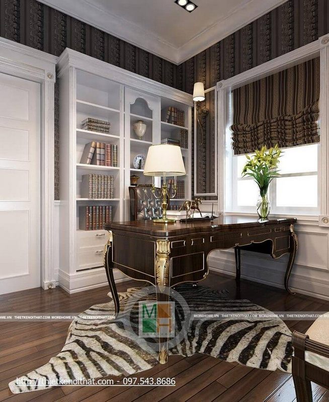 Bàn làm việc gỗ óc chó tân cổ điển mạ vàng sang trọng cho phòng làm việc tại nhà