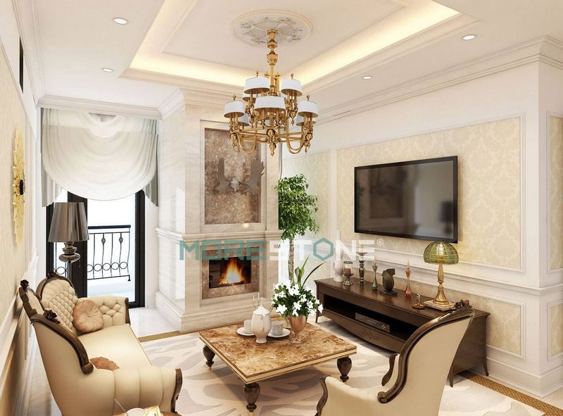 Thiết kế phòng khách sử dụng đá tự nhiên ốp vách lò sưởi theo phong cách tân cổ điển sang trọng