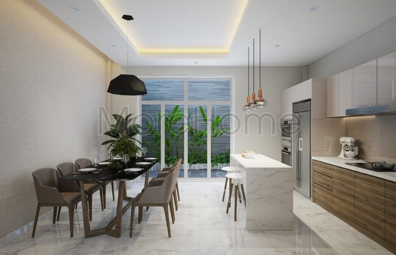 Thiết kế nội thất phòng ăn cạnh bếp đẹp hiện đại cho nhà phố