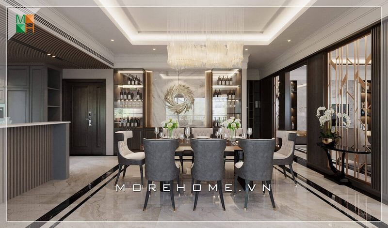 Không gian phòng ăn mở của gia chủ được thiết kế với bộ bàn ghế ăn gỗ tự nhiên bọc nỉ cao cấp, tạo nên một gu thẩm mỹ tinh tế và lạ mắt.