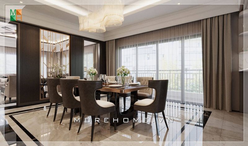 Mãn nhãn với thiết kế bộ bàn ghế ăn gỗ tự nhiên bọc nỉ cao cấp, nó góp phần tôn lên vẻ đẹp tân cổ điển xa hoa sang trọng của phòng ăn trong căn biệt thự cao cấp.