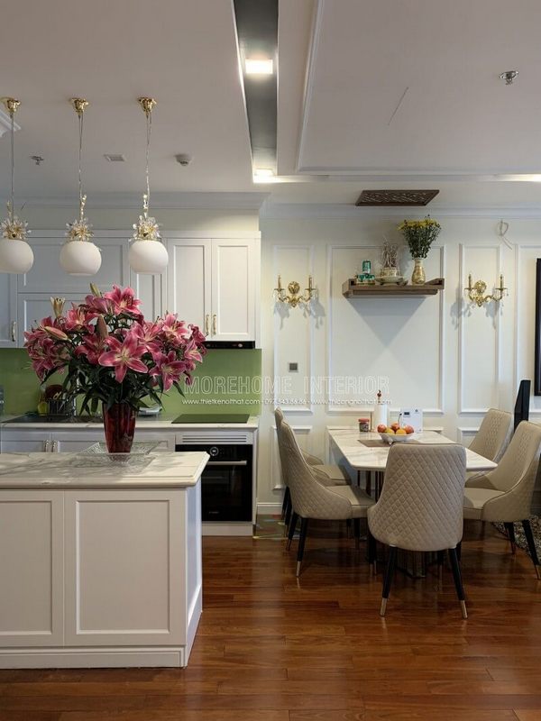 Hình ảnh của công trình thi công khu vực bàn ghế ăn tân cổ điển bọc da đẹp được thực hiện tại chung cư Vinhomes Nguyễn Chí Thanh, quận Đống Đa, thành phố Hà Nội.