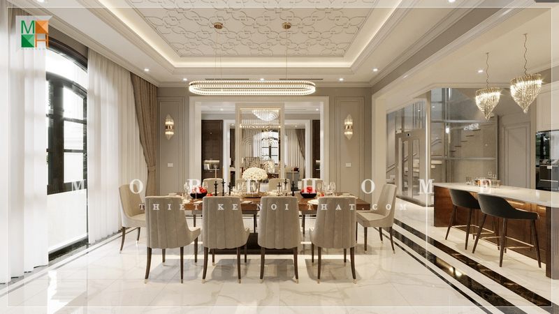 Khi nhìn thấy thiết kế phòng ăn của biệt thự, người ta đã bị ấn tượng bởi sự sang trọng và tiện nghi của nó.