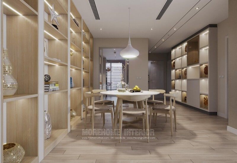 Bàn ăn gỗ công nghiệp khiến không gian phòng ăn trở nên nổi bật và sang trọng hơn.