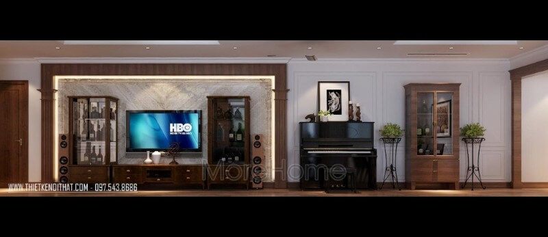 Tủ kệ gỗ óc chó được thiết kế không quá phức tạp, có cánh tủ là kính cường lực trong suốt giúp tăng độ đẹp cho căn nhà.