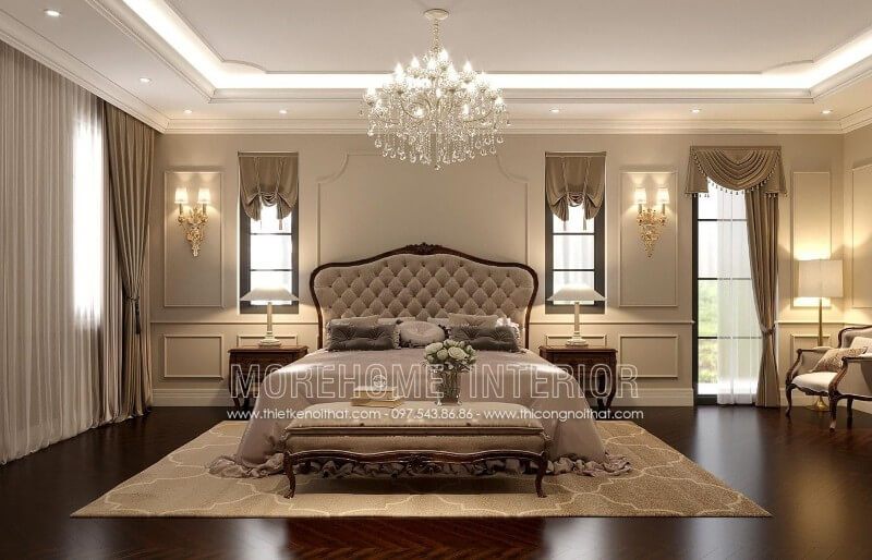 là một giường tân cổ điển được làm bằng gỗ óc chó và bọc bằng vải cao cấp tinh tế.