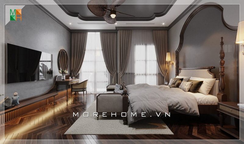 Khoa học bố trí nội thất cho không gian phòng ngủ tân cổ điển với điểm nhấn là một chiếc giường tân cổ điển đẹp mắt và sang trọng.