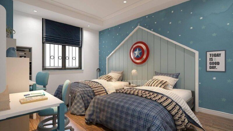 Thiết kế nội thất phòng ngủ cho bé trai nên sử dụng những gam màu nhẹ nhàng có tính riêng biệt, trong đó màu xanh là màu yêu thích của các bé trai. Với diện tích đủ lớn, mẫu thiết kế nội thất phòng ngủ với giường đôi sẽ là lựa chọn tuyệt vời cho các không gian như biệt thự, nhà phố, chung cư.